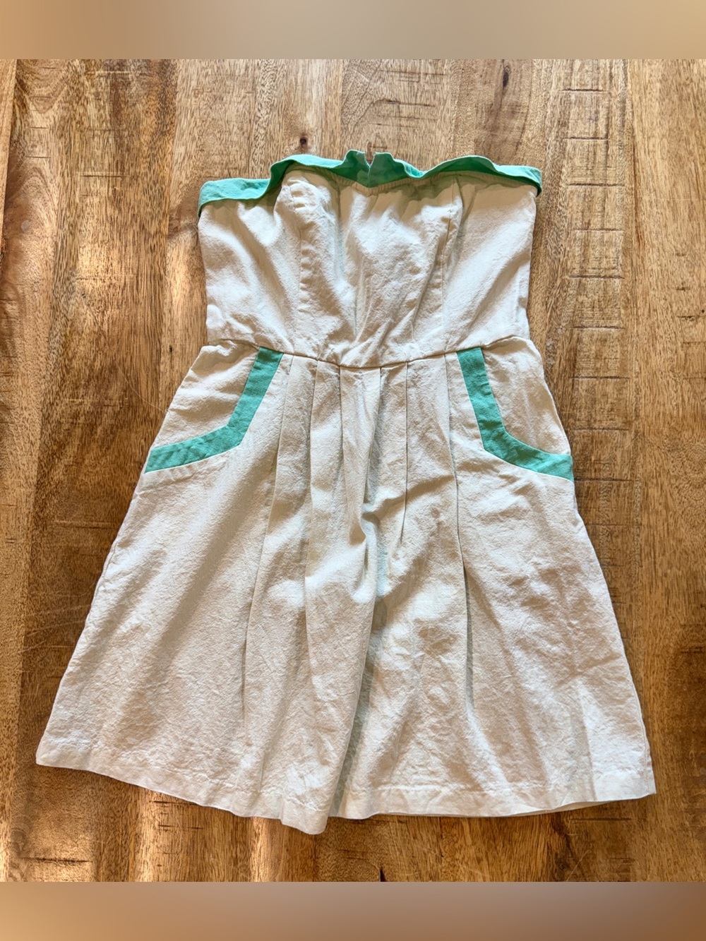 Cope Ivory/Teal/Mint Strapless Sweetheart Linen/Cotton Cocktail Dress Size 6